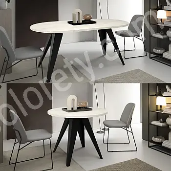 Round extendable dining table, diameter 120 cm, extended table length 158cm, 196 cm, height 76 cm, metal legs black or white, laminate top, different colors choice