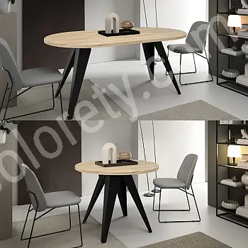 Apvalus ištraukiamas valgomojo stalas, skersmuo 100 cm, pailgintas stalo ilgis 138 cm, 176 cm, aukštis 76 cm, metalinės juodos arba baltos kojos, laminatas, įvairių spalvų pasirinkimas
