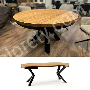 Runt utdragbart matbord med massiv träskiva och svarta ben, diameter 100 cm eller 120 cm, maximal längd 176 cm eller 196 cm