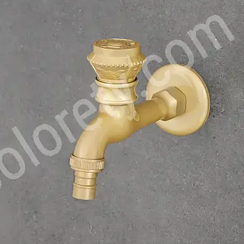 Pirinçten yapılmış duvara monte musluk, pirinç rengi, yükseklik 10 cm, ağız uzunluğu 12,5 cm