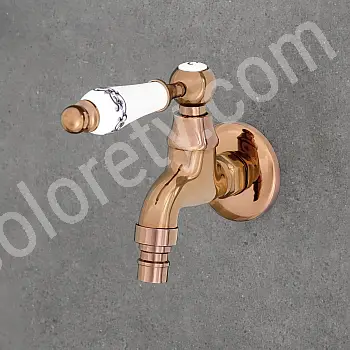 Bateria ścienna mosiężna, kolor różowego złota, wysokość 11 cm, długość wylewki 14 cm