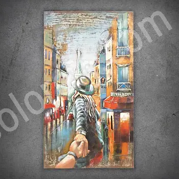 3D metal wall art &amp;quot;Follow me to Paris&amp;quot;, recycled steel décor, width 70 cm, height 120 cm