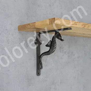 Gietijzeren plankdrager, beugel, hoogte 18 cm, lengte 18 cm, Zeepaardje, set van 2 stuks