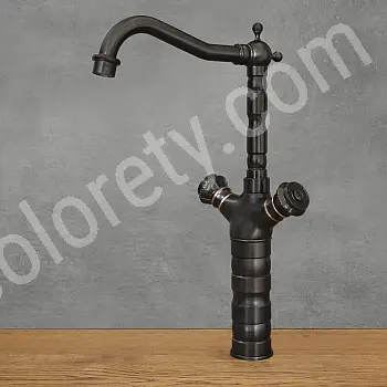 Pirinçten yapılmış, siyah renk, saten, ayakta duran retro tarzı lavabo bataryası, yükseklik 37 cm, ağız uzunluğu 16,5 cm