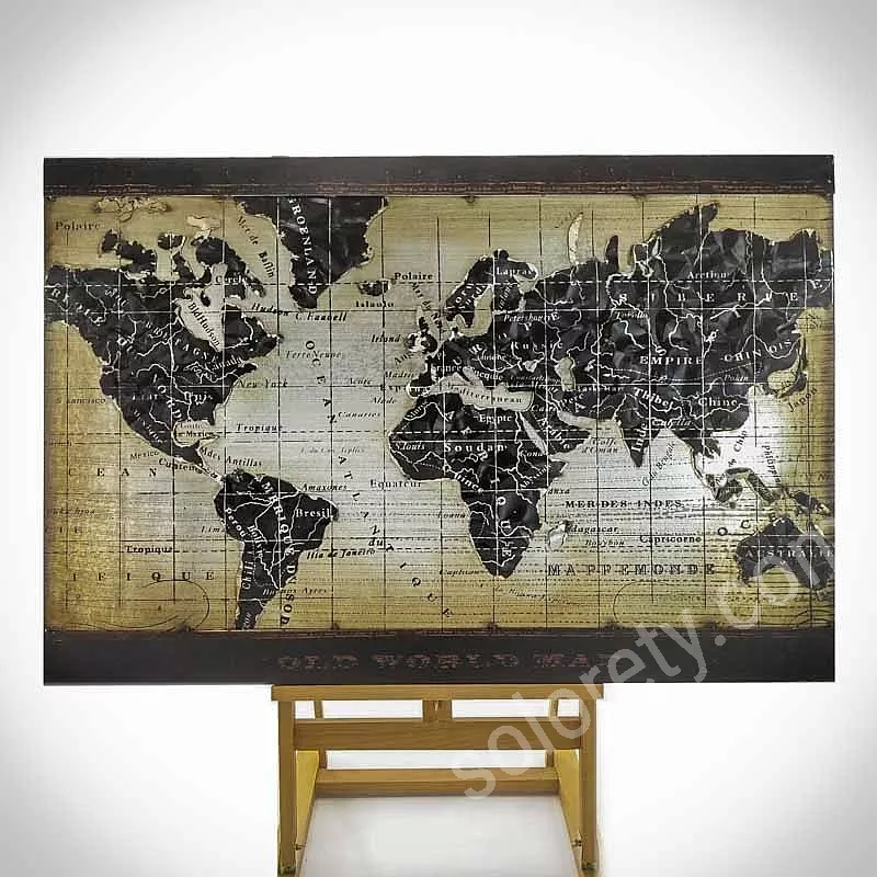 Peinture 3D carte du monde en métal dans les tons marron et noir, ..