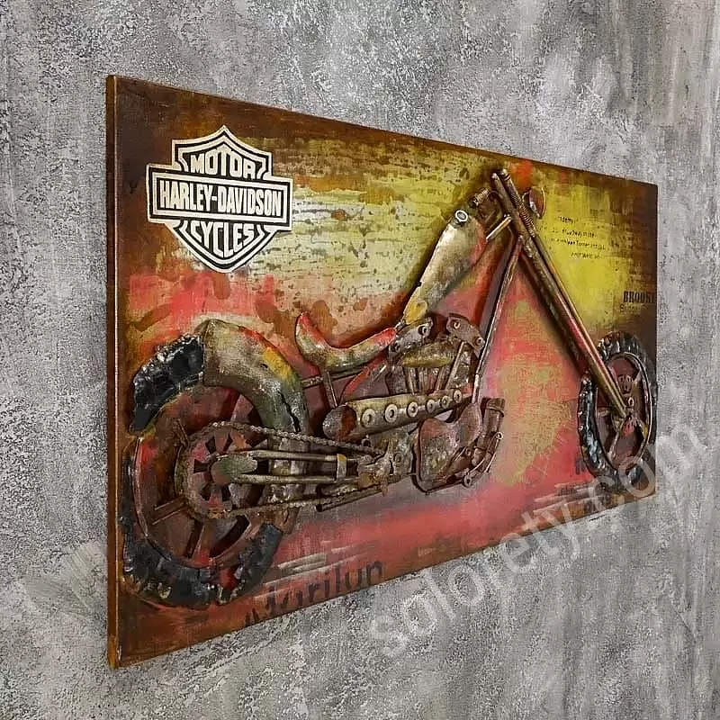 Quadro decorativo desenho moto Harley Davison bege