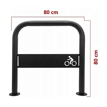 Lauko metalinis dviračių stovėjimo stovas su logotipu, pagamintas iš plieno, juodos spalvos, matmenys 80x80 cm