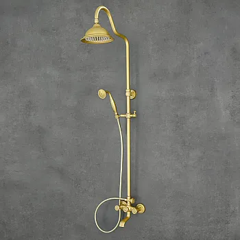 Sistema doccia a pioggia in stile retrò, giallo, in ottone, altezza 141 cm, diametro doccia a pioggia 21 cm