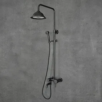 Sistema de ducha estilo retro fabricado en latón con ducha de lluvia, altura 129,5 cm, color negro