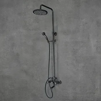 Sistema doccia in stile retrò con soffione a pioggia in ottone, colore nero, altezza 129,5 cm