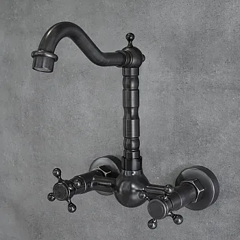 Bathroom brass sink faucet, retro aesthetics, black color, height 25.5 cm, spout length 18 cm