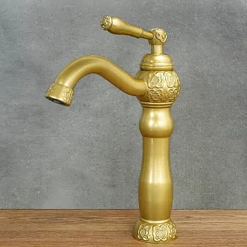 Rubinetto per lavabo in stile retrò in ottone color ottone antico satinato, altezza 30 cm, lunghezza beccuccio 15 cm