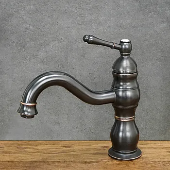 Alacsony magasságú, retro stílusú mosdócsaptelep fekete sárgarézből, magassága 23 cm, kifolyó hossza 16,5 cm