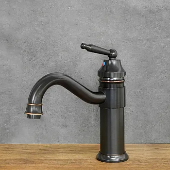 Siyah renkli pirinçten yapılmış retro tarzı lavabo bataryası, yükseklik 24 cm, çıkış ucu uzunluğu 16 cm