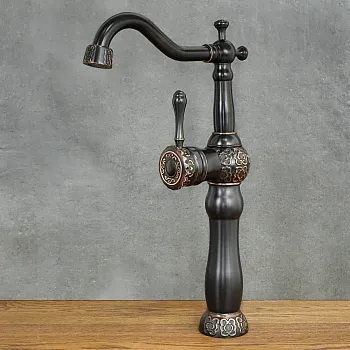 Retro style washbasin faucet made of brass, height 390mm, spout length 185mm