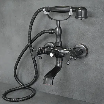 Antīka stila sienas vannas jaucējkrāns ar dušu, melns misiņš ar nobružātu efektu, augstums 30 cm, snīpi garums 9 cm