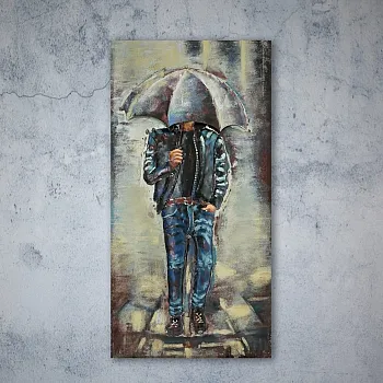 Groot 3D metalen kunstwerk &amp;amp;quot;Man in de regen met paraplu&amp;amp;quot;, hoogte 120 cm, breedte 60 cm, gewicht 8 kg