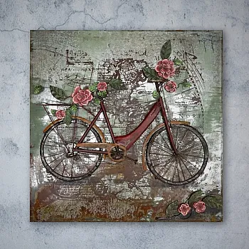 3D fém falfestmény &amp;amp;quot;Retro női kerékpár virágokkal&amp;amp;quot;, mérete 100x100cm, súlya 10 kg