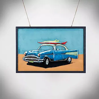 3D metāla mākslas darbs &amp;amp;quot;Pludmale un retro automašīna ar sērfošanas dēli uz jumta&amp;amp;quot;, augstums 60 cm, platums 90 cm