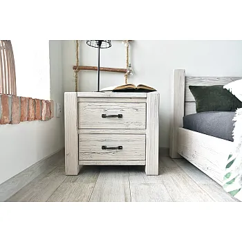 Noptieră din lemn masiv de molid cu două sertare, finisaj văruit, înălțime 48 cm, lățime 54 cm, adâncime 42 cm, set de 2 buc.