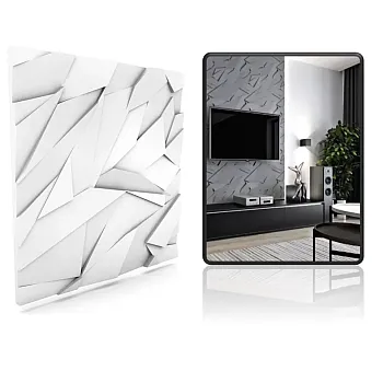 3D dekoratīvie sienas polistirola paneļi ar asiem, leņķveida ģeometriskiem rakstiem un skulpturālu, futūristisku sajūtu, 60x60cm, baltā krāsā, krāsojami, komplekts ar 12 gab. (4,32 m2)