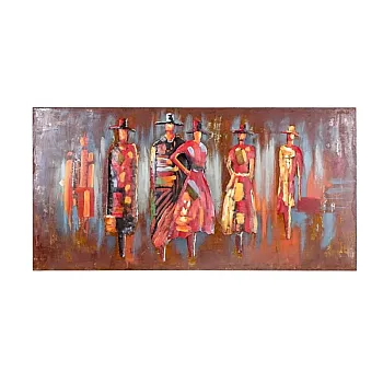 Gran obra de arte metálica 3D, imagen &amp;amp;quot;Gente en la calle&amp;amp;quot; – arte mural vibrante en rojo, dimensiones 140x70cm