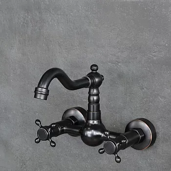 Rubinetto classico a parete in ottone, colore nero, altezza 23 cm, lunghezza beccuccio 16 cm