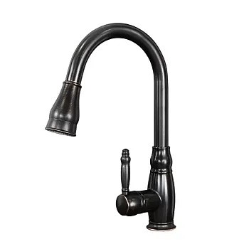 Retro-style kitchen mixer tap made of brass with pull-out spout, black color, height 40 cm