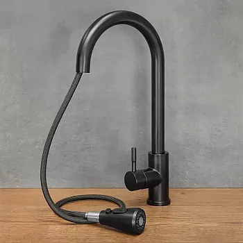 Baterie de bucătărie modernă din oțel inoxidabil cu gura de scurgere, înălțime 41 cm, lungime 16 cm, crom, negru sau alamă antică