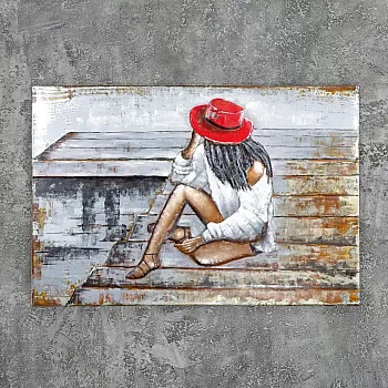 3D метална картинка за стена „Елегантна дама с червена шапка, размери 120x70 cm