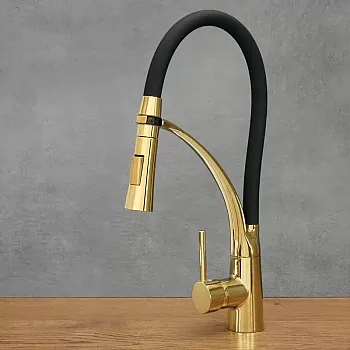 Kuchyňská baterie otočná o 360 stupňů z nerezové oceli, výška 43 cm, délka výtoku 17 cm, barva černá a starožitná zlatá