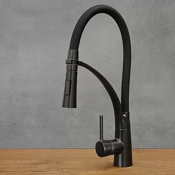 Stainless steel kitchen faucet in black color, with 360 degree rotatable spout, height 43 cm, spout length 17 cm