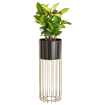 Suporte para plantas em metal de cor dourada com vaso preto, largura 20 cm, altura 55 cm