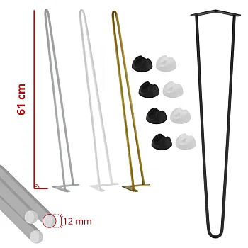 12 mm runde stang bordben med højde 61 cm, sæt med 4 stk, sort, hvid, grå eller gylden farve