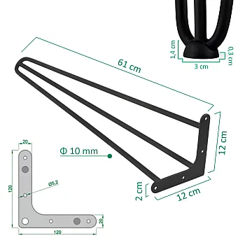 Pés de mesa decorativos feitos de 3 hastes de aço maciço com diâmetro de 10 mm, altura de 61 cm, preto, branco, cinza ou dourado