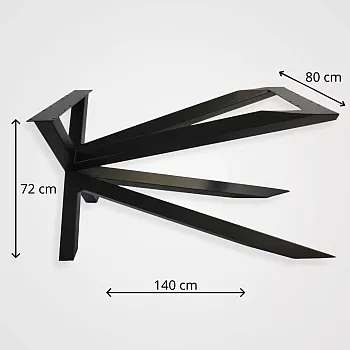 Asymmetrisk monolitisk, kunstnerisk metalbordstel i sort farve til store bordplader, højde 72 cm, bredde 80 cm, længde 140 cm