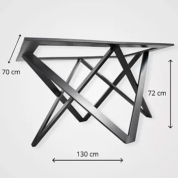 Ručno izrađen 3D čelični okvir stola Trokut s gornjom potporom, za velike stolove, duljina 130 cm, širina 70 cm, visina 72 cm