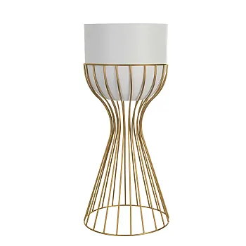 Vaso da fiori dal design in metallo realizzato con tondini di acciaio colore dorato e cestino in plastica colore bianco, larghezza 20 cm, altezza 46 cm