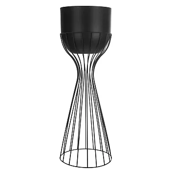 Medium height steel flower stand made of black finish curved rods and black plastic planter pot, height 55 cm, width 20 cm