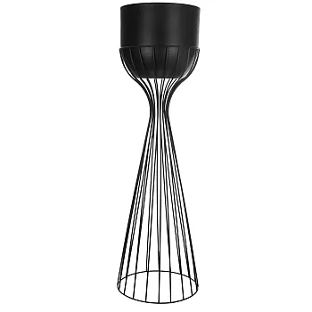 Kavisli siyah kaplama çelik çubuklardan ve siyah plastik sepetten yapılmış çelik çiçek standı, yükseklik 68 cm, genişlik 20 cm
