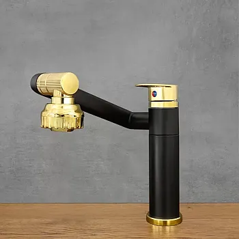 360 Grad rotéierend Kichenkran aus Edelstol, Héicht 20,5 cm, Auslaaflängt 20 cm, Faarf schwaarz a Gold, poléiert, mat