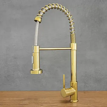 Industriële keukenkraan van messing met 360 graden draaibare uitloop, hoogte 47 cm, uitlooplengte 18 cm, antiek goud, gepolijst