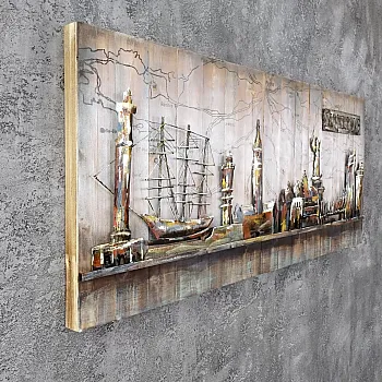 Art mural en métal 3D représentant le port et la ligne d&amp;amp;#039;horizon des quais de Dunkerque – décoration maritime industrielle, dimensions 60x150cm