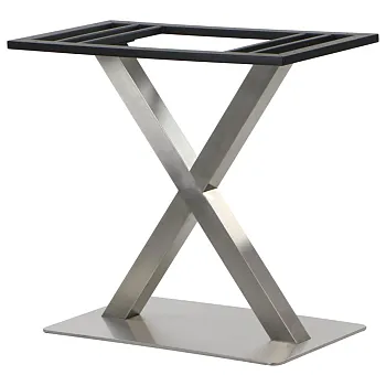 Base de taula metàl·lica en forma de X d'alçada estàndard feta d'acer inoxidable, alçada 72,5 cm, base 70x40 cm, part superior de la base 40x80 cm