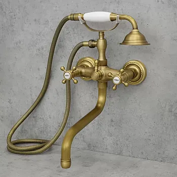 Badewassermischer aus Messing, Wandmontage, Höhe 39 cm, Auslauflänge 23 cm, Farbe gold
