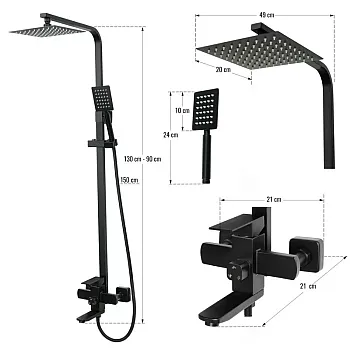 Sistema de duche, estilo moderno, altura 130 cm, projeção 49 cm, comprimento do chuveiro 24 cm, comprimento da mangueira 150 cm, bica giratória