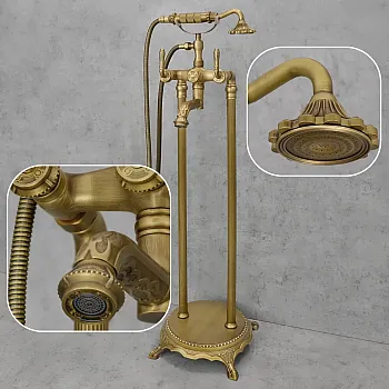 Grifo para bañera independiente de estilo vintage con ducha de mano, fabricado en latón con texturas 3D, color latón antiguo, altura 104 cm