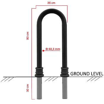 Suporte para bicicleta galvanizado, estilo retrô, altura 80 cm, largura 36 cm, com elementos decorativos em ferro fundido, instalação em concreto enterrado, cor preta