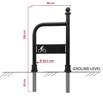 Supporto per biciclette zincato e verniciato nero, stile retrò 100x60 cm con elementi decorativi in ghisa e logo della bicicletta, installazione a terra in cemento
