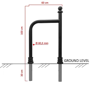 Sinkitty ja mustaksi maalattu pyöräteline, retrotyyliä 100x60 cm, valuraudalla koristeltu, maahan asennettava betoniin
